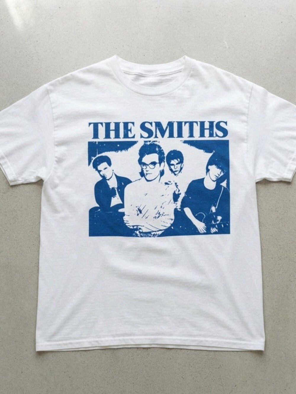 The Smiths Shirt, White Graphic Tee, Distressed Blue Band Portrait Music Merch R